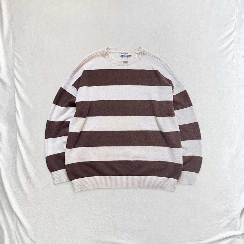 RSQ Tilly’s Brown & White Striped Crewneck Ribbed Sweater, Women’s Small